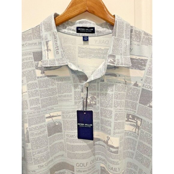 PETER MILLAR Size XXL Men's CROWN CRAFTED Polo Shirt Blue Frost Newspaper Print - Picture 3 of 7